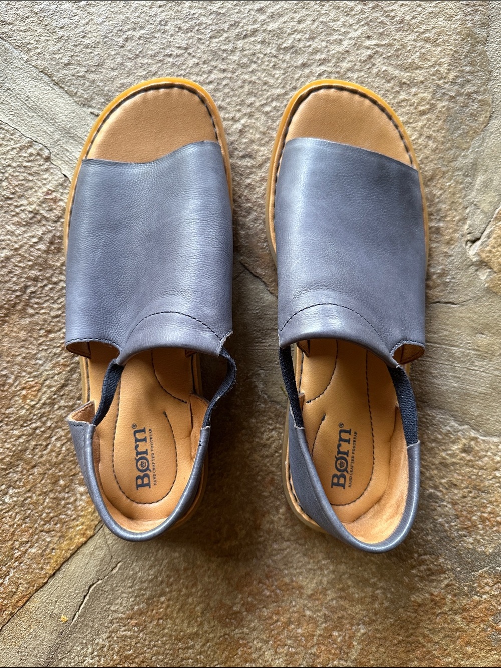 Born Women’s Cove Modern—Gray Leather Slide Sandals with Tan Footbed